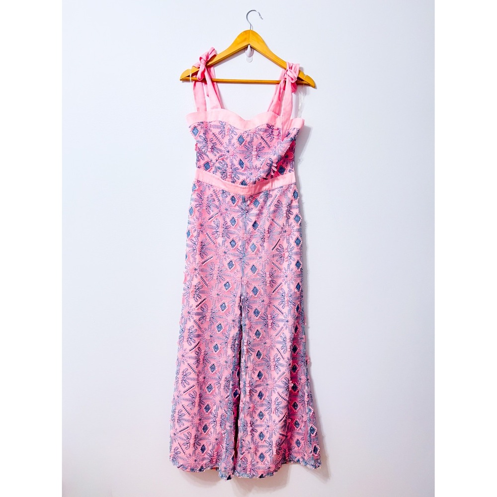 GLAMOROUS Pink Blue Embroidered Floral Wide Leg Jumpsuit Tie Strap Size 6